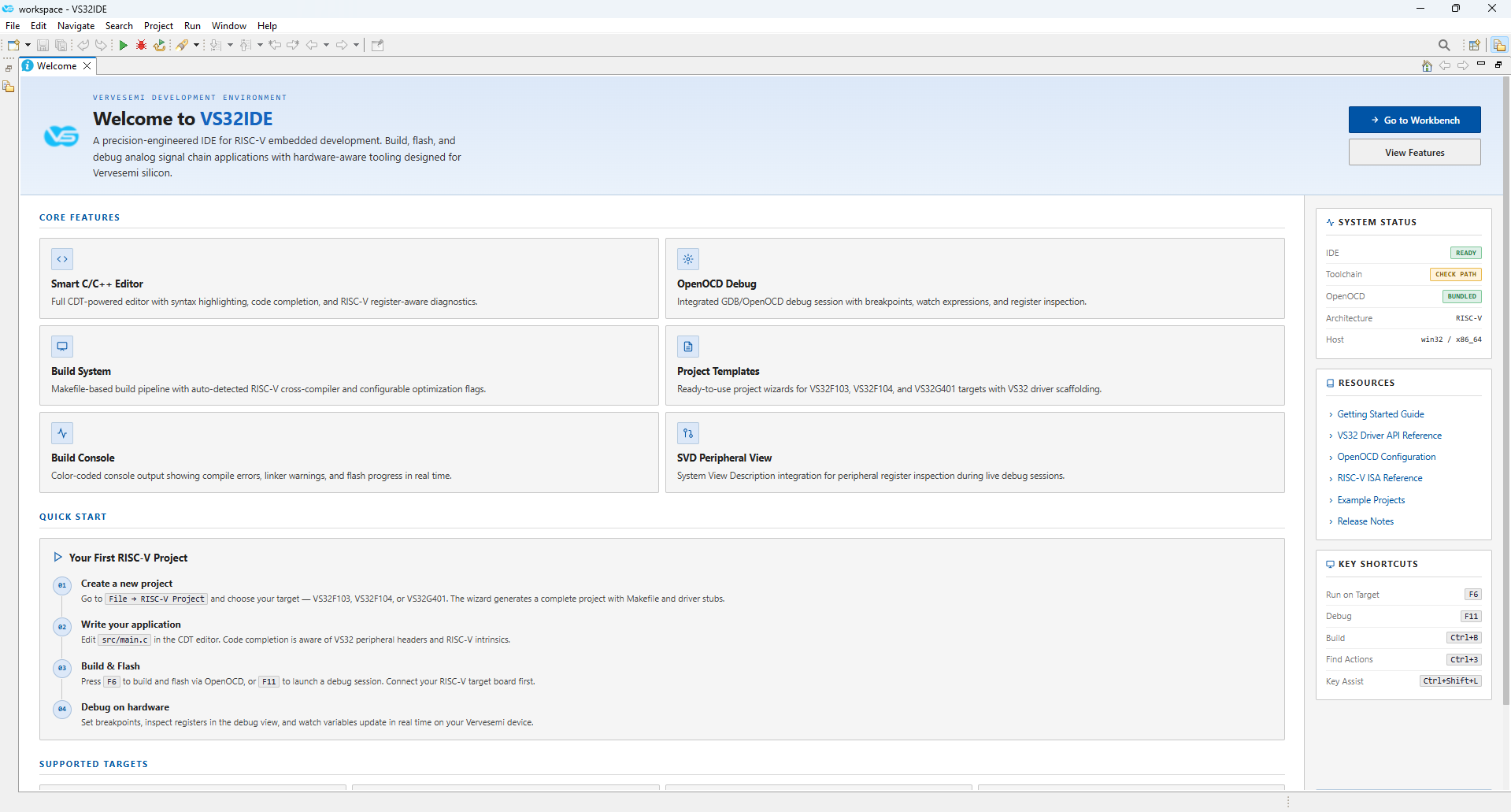 VS32 IDE – Welcome screen